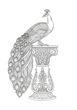 A detailed peacock perched on a decorative ornate pedestal with elaborate feather designs surrounding it.