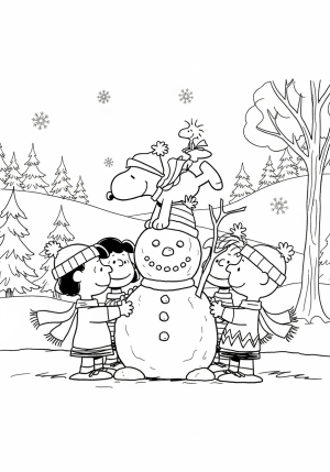 The Peanuts gang building a snowman with scarves and hats, with Snoopy lying on top and Woodstock perched on his head, in a festive winter setting