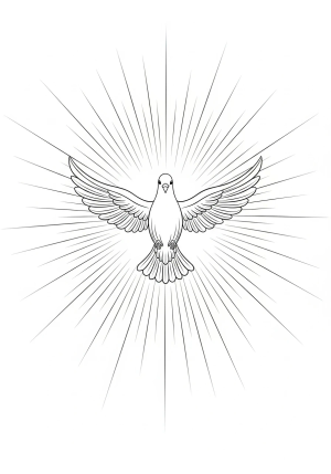 A detailed scene of the Holy Spirit represented as a dove descending with rays of light emanating around it amid a backdrop of gentle clouds.