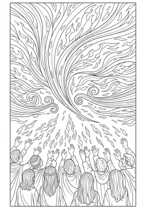 An intricate depiction of flames and wind swirling above a diverse group of people with outstretched hands, symbolizing the gift of the Holy Spirit on Pentecost.
