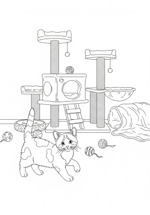 A curious kitten exploring a cozy indoor space with a cat tree, toys, and a comfy blanket