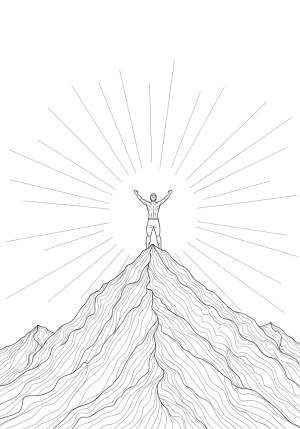 A peaceful scene of a person standing confidently on a mountain peak with arms raised, surrounded by rays of light and a bright sky, symbolizing strength and faith.