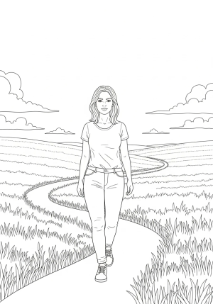 An inspiring depiction of a person walking along a winding path through a lush, open field under a clear sky, conveying perseverance and trust.