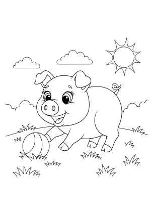 A cheerful piggy with big eyes and a curly tail playing with a ball in a sunny meadow