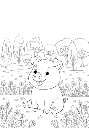 A cute piggy sitting happily in a lush farmyard surrounded by flowers and trees