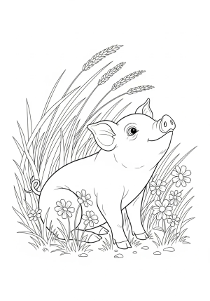 A playful piglet sitting in a field of tall grass with flowers around, looking curious.