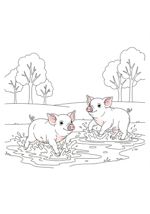 Two piglets happily splashing in a small muddy pond with trees in the background.