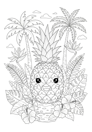 A whimsical pineapple scene featuring a large, smiling pineapple character surrounded by tropical plants and decorative elements.