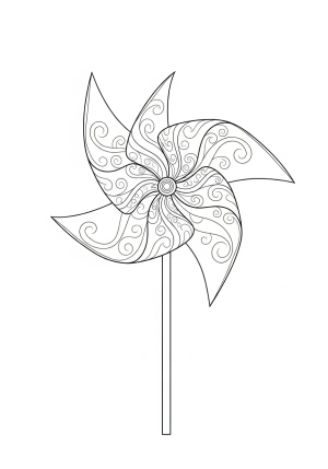 A vibrant pinwheel with swirling blades and intricate patterns spinning in the breeze, set against a clear sky.
