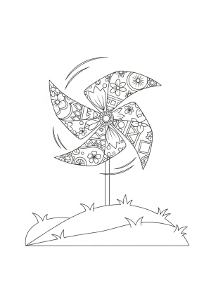 A whimsical pinwheel adorned with floral and geometric designs, twirling atop a playful grassy hill.
