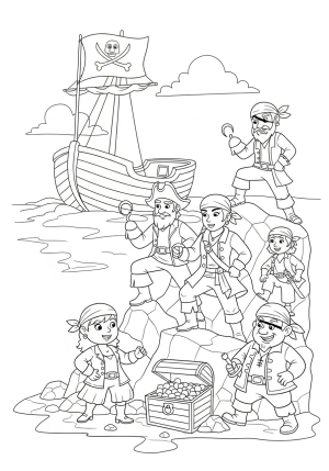 A group of playful pirates on a rocky island searching for buried treasure, with a pirate flag waving in the background.