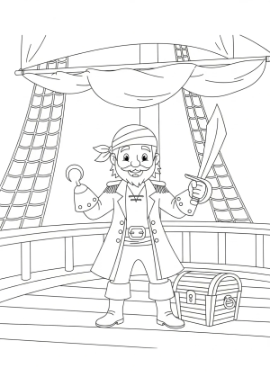A friendly pirate captain standing on the deck of a ship, holding a sword with a treasure chest nearby.