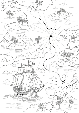 An adventurous pirate ship sailing across a detailed treasure map with islands, palm trees, and a dotted path leading to an 'X' marking the hidden treasure, all in a line art style.