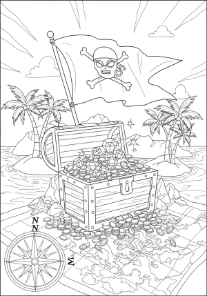 A lively pirate scene featuring a treasure chest overflowing with coins and jewels, a pirate flag flying in the background, and exotic islands with palm trees and a compass rose on the map surrounding it, illustrated in black and white.
