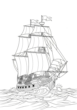A detailed pirate ship sailing on the open sea with tall sails, a flag at the top, and waves splashing around it.