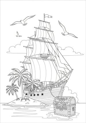 A classic pirate ship anchored near a mysterious island with palm trees, a treasure chest on the deck, and seagulls flying overhead.