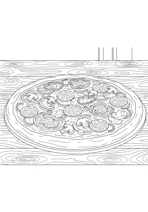 A detailed pizza with various toppings like pepperoni, mushrooms, and bell peppers, surrounded by a rustic wooden table setting