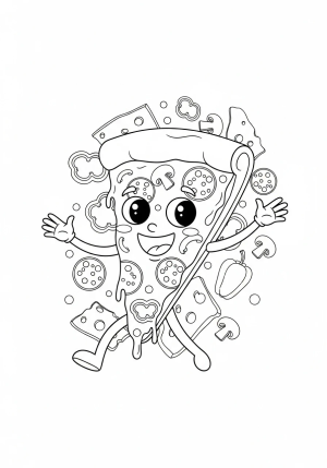 A whimsical scene of a smiling cartoon-style pizza slice with expressive eyes and arms, standing happily with a background of cheese and toppings