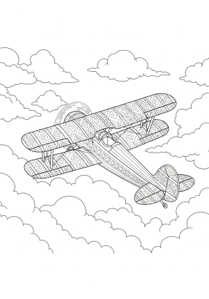 A detailed outline of a classic airplane soaring through the clouds with intricate patterns on the wings and tail