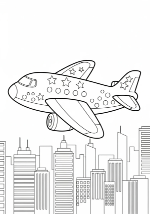 A playful cartoon-style airplane flying over a cityscape, with bold lines and fun decorative elements on the fuselage