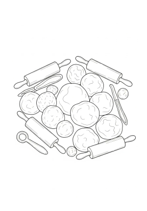 A playful scene of various shaped balls of play dough with rolling pins and fun tools scattered around, showcasing creativity.
