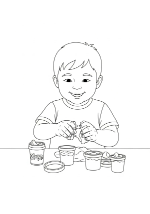A smiling child sitting at a table, surrounded by different containers of play dough, with hands shaping and squishing the dough into fun forms.