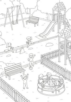 An energetic playground with kids playing on seesaws, playing with a ball, and riding a merry-go-round near benches and a fenced area