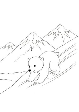 A playful polar bear cub sliding down an icy slope with snow-covered mountains in the background