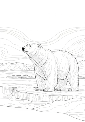 A majestic polar bear standing on an ice floe, gazing across a frozen arctic landscape with drifting snow