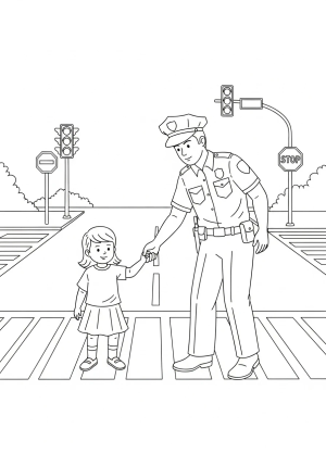 A police officer helping a young child cross the street at a busy intersection, with stop signs and traffic lights nearby