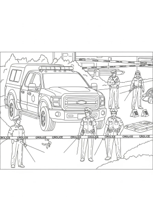 A police truck parked at a crime scene with police officers around and equipment in the background