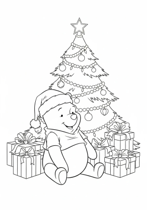 Pooh Bear wearing a Santa hat sitting next to a decorated Christmas tree with presents around him