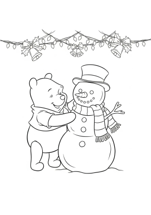 Pooh Bear building a snowman with a festive scarf and hat, surrounded by holiday decorations