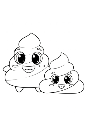 A cute cartoon poop character with large eyes and a big smile standing next to a pile of cartoonish poop with a playful expression