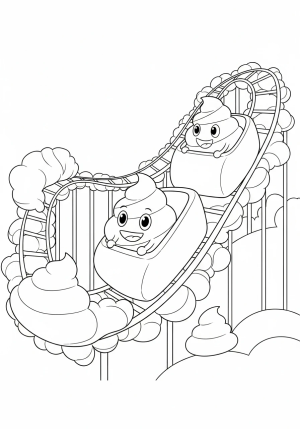A whimsical scene featuring a cheerful poop character riding a roller coaster made of swirling poop shapes with fun, exaggerated details