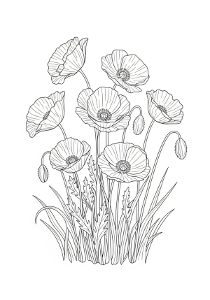 A charming scene featuring a cluster of poppies growing wild in a meadow, with intricate floral patterns and flowing stems.