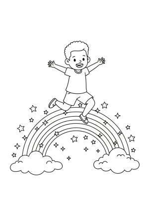 A joyful scene of a person jumping over a rainbow with a big smile, surrounded by shining stars and fluffy clouds