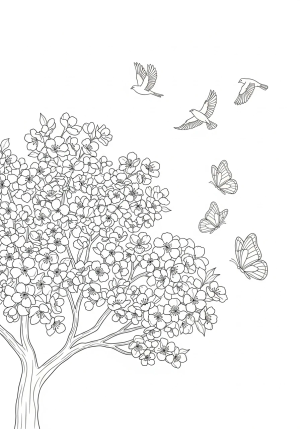 A peaceful landscape featuring a blooming tree with birds flying above and butterflies fluttering around
