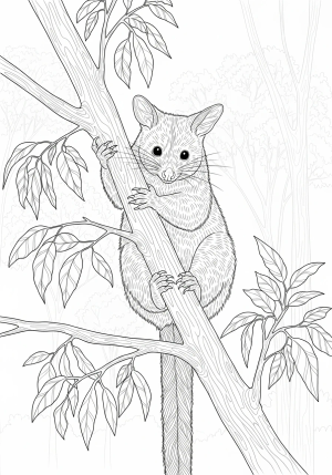 A detailed illustration of a possum hanging from a tree branch with surrounding leaves and a gentle forest background