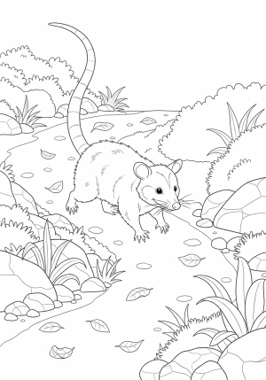 A playful scene of a possum walking along a woodland path amidst rocks, plants, and scattered fallen leaves
