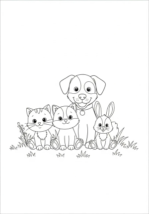 A friendly group of animals including a cat, dog, and bunny sitting together in a grassy field.