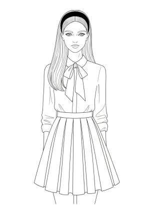 A stylish preppy girl wearing a pleated skirt, a collared shirt, and a headband, standing with a confident pose.