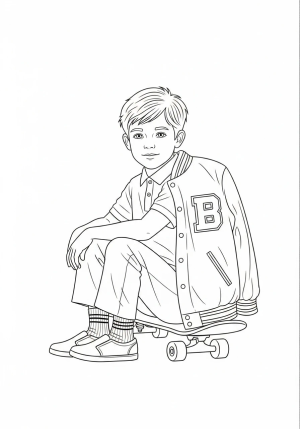 A classic preppy boy in a polo shirt and chinos, sitting on a skateboard with a varsity jacket draped over his shoulder.