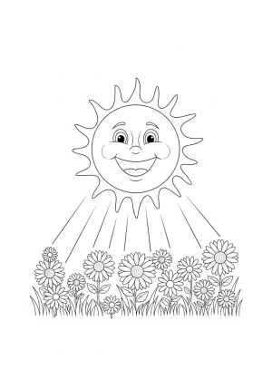 A friendly smiling sun shining over a field of simple, cheerful flowers.