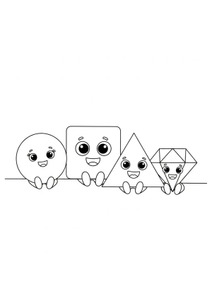 A happy group of four basic geometric shapes with cute faces, sitting together in a playful scene.