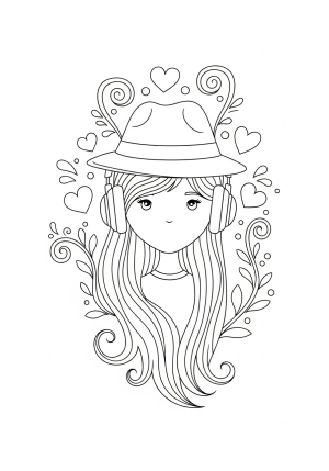 A whimsical avatar with long flowing hair, wearing a stylish hat and headphones, surrounded by playful decorative elements