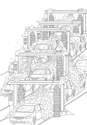 A fun scene showing a busy car wash station with cars going through foamy soap and brushes, detailed with water spray and bubbles