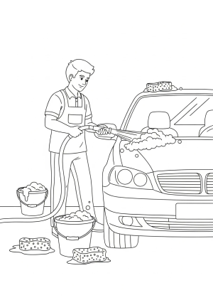 A friendly car wash attendant rinsing a car with a garden hose, surrounded by buckets, sponges, and suds