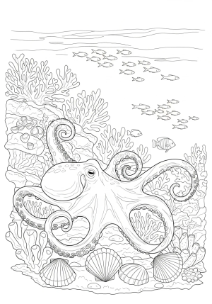 An underwater scene featuring a curious octopus swirling around coral reefs, seashells, and schools of fish swimming nearby