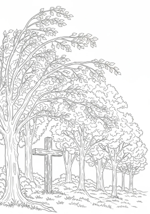 A serene scene of a woodland with falling leaves, a cross among the trees, and a gentle breeze depicted through swirling leaves and branches